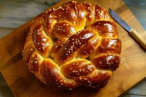 estoque foto do Challah pão dentro cozinha mesa plano deitar ai gerado