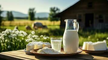 garrafa do leite vidro do leite e prato do queijo em mesa dentro frente do uma campo com vacas foto