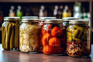 enlatado legumes dentro a cozinha mesa Comida fotografia ai gerado foto