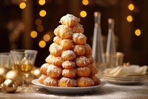 croquembouche dentro a cozinha mesa Comida fotografia ai gerado foto