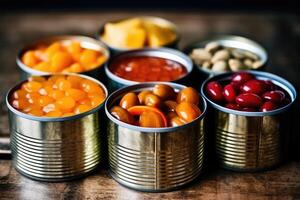 enlatado fruta dentro a cozinha mesa Comida fotografia ai gerado foto