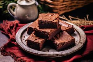 brownies fudgy dentro a cozinha mesa Comida fotografia ai gerado foto