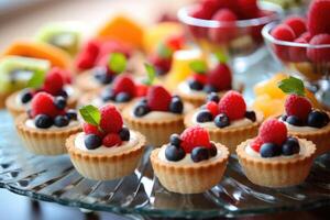 sobremesa e frutas em bufê Comida fotografia ai gerado foto