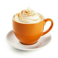 abóbora especiaria café com leite dentro a laranja copo isolado em branco fundo foto