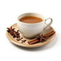 temperado chai chá dentro uma Castanho copo isolado em branco fundo foto