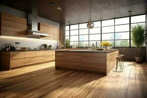 estoque foto do moderno madeira de madeira cozinha ultra ai gerado