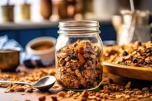 granola dentro a cozinha mesa Comida fotografia ai gerado foto