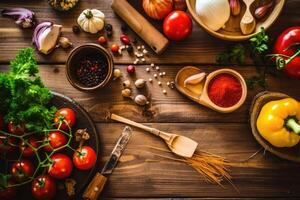 estoque foto do Comida cozinhando fundo em a de madeira ai gerado