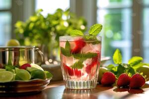 morango Mojito dentro a cozinha mesa Comida fotografia ai gerado foto