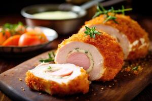 frango cordão bleu dentro a cozinha mesa Comida fotografia ai gerado foto