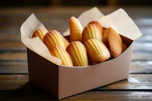 madeleines caixa dentro a cozinha mesa Comida fotografia ai gerado foto