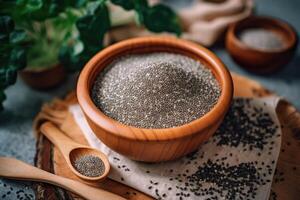 estoque foto do chia sementes dentro a cozinha mesa plano deitar ai gerado