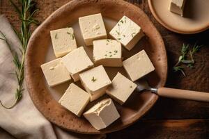 estoque foto cru tofu dentro cozinha mesa plano deitar ai gerado