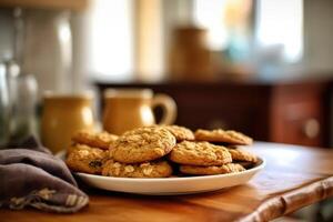 aveia biscoitos dentro a cozinha mesa Comida fotografia ai gerado foto