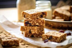 granola bares dentro a cozinha mesa Comida fotografia ai gerado foto