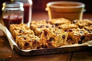 granola bares dentro a cozinha mesa Comida fotografia ai gerado foto