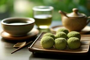 mochi verde chá dentro a cozinha mesa Comida fotografia ai gerado foto