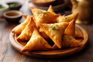 samosa dentro a cozinha mesa Comida fotografia ai gerado foto