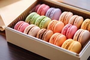 macaroon caixa dentro a cozinha mesa Comida fotografia ai gerado foto