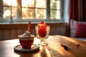 vermelho luz sundae dentro a cozinha mesa Comida fotografia ai gerado foto