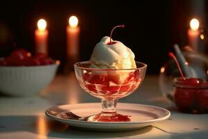 vermelho luz sundae dentro a cozinha mesa Comida fotografia ai gerado foto