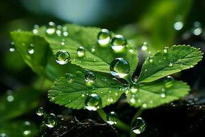 macro tiro do verde folhas com água gotas, orvalho ou chuva solta em eles. verde folha natureza floresta conceito de ai gerado foto