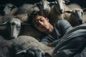 homem tentativas para dormir e contando ovelha dentro a cama foto