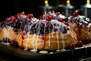 caseiro do delicioso pastelaria ou panquecas com fruta dinamarquês e cereja. dinamarquês pastelaria e sobremesa conceito de ai gerado foto