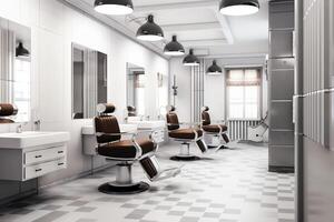 moderno barbearia interior com espelhos cadeira e de outros equipamento perto janelas. cadeiras dentro barbearia conceito de ai gerado foto