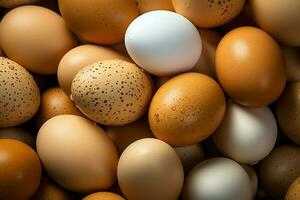 uma muitos amontoar do fresco frango ovos em a de madeira, ninho ou Palha cesta. eco ovos mercearias saudável conceito de ai gerado foto