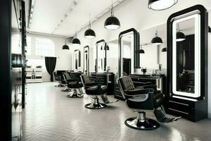 moderno barbearia interior com espelhos cadeira e de outros equipamento perto janelas. cadeiras dentro barbearia conceito de ai gerado foto