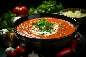 uma delicioso tomate sopa Comida dentro uma tigela. inverno Comida e saudável proteína sopa refeição conceito de ai gerado foto