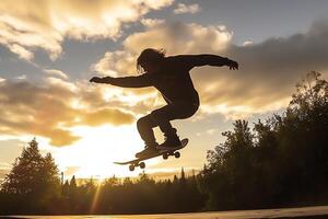 uma caucasiano homem fazendo truques ou pulando em uma skate às a rua. jovem homem com skatista pulando conceito de ai gerado foto