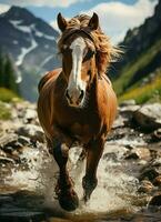 uma selvagem cavalo corrida dentro a Riacho. selvagem ou Fazenda animais conceito de ai gerado foto