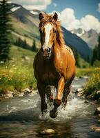 uma selvagem cavalo corrida dentro a Riacho. selvagem ou Fazenda animais conceito de ai gerado foto