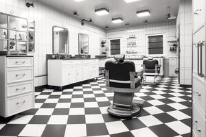 moderno barbearia interior com espelhos cadeira e de outros equipamento perto janelas. cadeiras dentro barbearia conceito de ai gerado foto