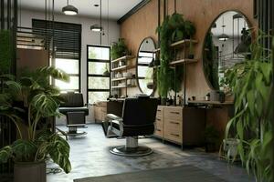 moderno barbearia interior com espelhos cadeira e de outros equipamento perto janelas. cadeiras dentro barbearia conceito de ai gerado foto
