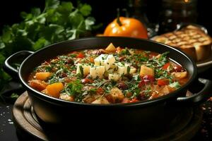 uma delicioso Sopa grossa de vegetais e macarrão sopa Comida dentro uma tigela. italiano Comida e saudável proteína sopa refeição conceito de ai gerado foto