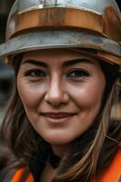 mulher engenheiro trabalhando em uma construção site, construção Difícil chapéu e trabalhos colete generativo ai. foto