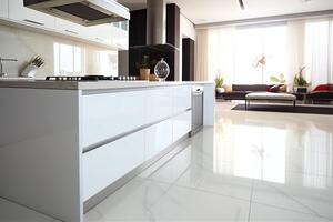 moderno cozinha interior Projeto dentro apartamento ou casa com mobiliário. luxo cozinha casa escandinavo conceito de ai gerado foto