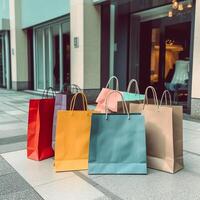 uma conjunto do colorida compras bolsas com alças. papel compras bolsas fechar acima. compras dias conceito de ai gerado foto