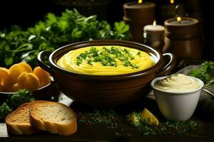 uma delicioso milho sopa Comida com legumes dentro uma tigela. inverno Comida e Alto proteína sopa refeição conceito de ai gerado foto