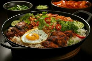 nasi Goreng indonésio tradicional Comida. frito arroz frango com ovos e picante especiarias de fritar conceito de ai gerado foto