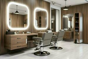 moderno barbearia interior com espelhos cadeira e de outros equipamento perto janelas. cadeiras dentro barbearia conceito de ai gerado foto