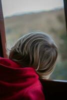 criança olhando Fora do trem janela foto