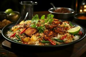 nasi Goreng indonésio tradicional Comida. frito arroz frango com ovos e picante especiarias de fritar conceito de ai gerado foto