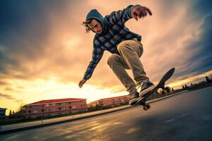 uma caucasiano homem fazendo truques ou pulando em uma skate às a rua. jovem homem com skatista pulando conceito de ai gerado foto