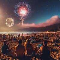 uma homem e mulher casal assistindo colorida fogo de artifício às de praia para comemoro feriado ou feliz Novo ano conceito de ai gerado foto