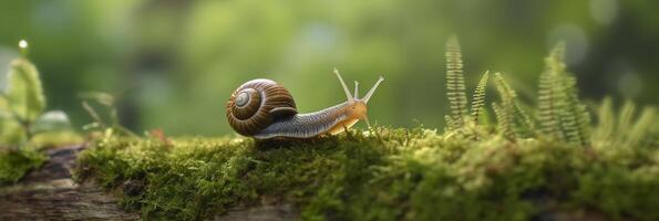 uma viagem através a floresta. fechar-se do uma Caracol dentro a floresta com natural fundo. ai generativo foto