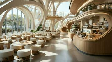 uma magnífico restaurante ou café fazer compras com moderno estilo e uma de madeira. interior do uma restaurante conceito de ai gerado foto